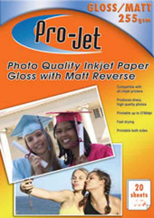 ProJet 255gsm Gloss Matt print both sides 6x4 Paper 20 Sheets